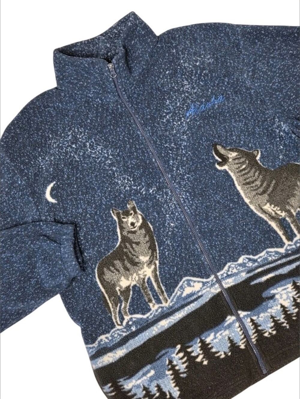 VTG 90s Resort Stop Alaska Wolf Moon Scenic Fleece Jacket Full Zip Unisex M